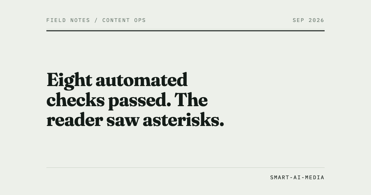 Eight automated checks passed. The reader saw asterisks.