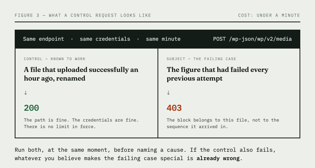 Two requests sent to the same endpoint in the same minute: a file known to upload successfully returns 200, while the failing figure returns 403, showing the block belongs to the file rather than to the sequence.